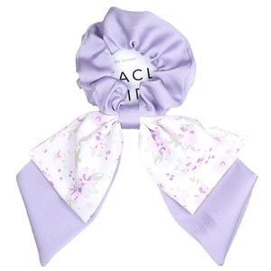 Lavender floral bow hair scrunchie with long ribbons for elegant ponytail styling