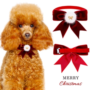 Detail of red velvet Christmas pet bowtie showing soft texture and elastic back strap