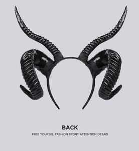 Back view of glossy black devil sheep horn headband for Halloween cosplay party