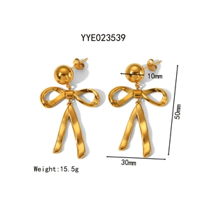 Golden bow drop earrings in stainless steel with 10mm stud and polished finish
