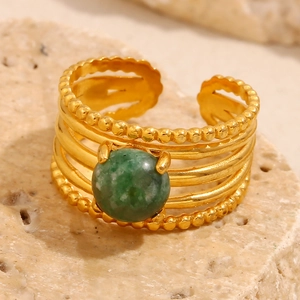 Vintage 18K gold plated stainless steel layered open ring with green emerald stone