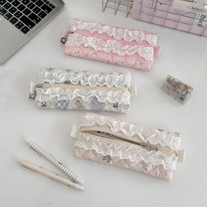 Lace quilted pencil case in floral patterns with cute bunny and bear embroidery details