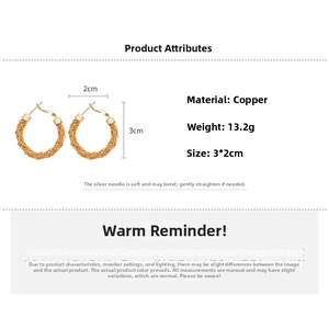 Detail specifications of golden woven hoop earrings with 3x2cm dimensions and 13.2g weight
