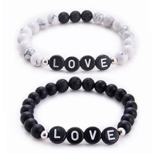 Howlite and black matte lava stone beaded couple bracelets with LOVE letter charm detail
