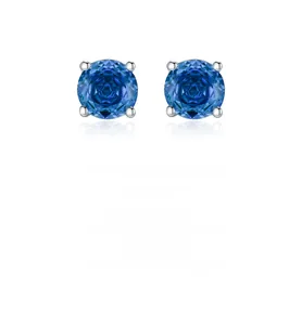 Detail view of S925 silver stud earrings with royal blue rose cut crystal in four-prong setting