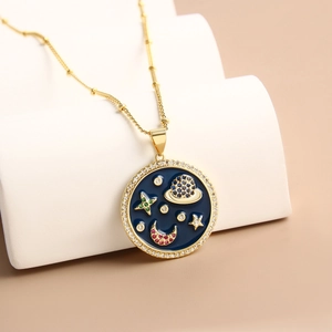 18k gold plated necklace with blue enamel star and moon pendant and colorful zircons