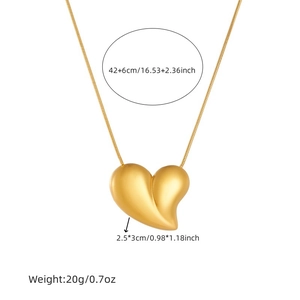Gold plated stainless steel heart pendant necklace with size dimensions and weight info