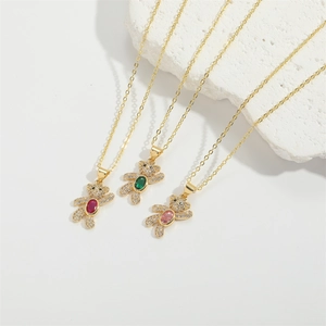 Luxury teddy bear pendant necklace set with colorful gemstones and micro-pave crystals
