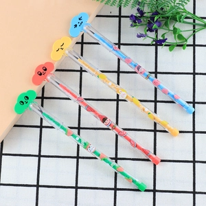 Close-up of four non-sharpening pencils with cloud toppers and fruit pattern designs