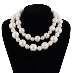 Close-up of double-layered oversized white pearl choker necklace on a neck model