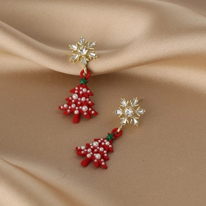 Snowflake Christmas Tree Earrings Alloy Rhinestone Faux Artificial Pearl With 925 Sterling Silver Earring Post Holiday Jewelry For Women