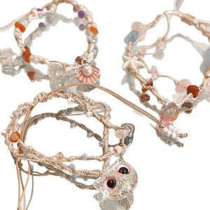 Colorful natural stone starfish woven bracelet set with shell and cat charms