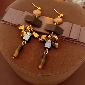 Vintage wood and tiger eye tassel earrings with round geometric studs in ethnic style