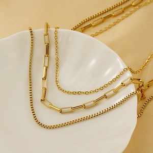 Detail of layered gold necklace with box chain, paperclip chain and cable chain links