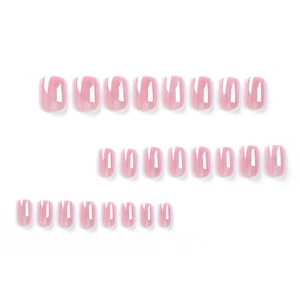 Short square pink glossy press-on nails set in various sizes on a clean white background