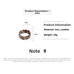 Detailed specs of wide leopard print acrylic leather bangle weighing 43g and 7cm wide