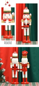 Detail view of red and white candy-themed wooden nutcracker king with golden scepter