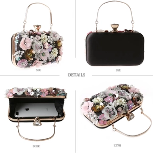 Multi-angle views of floral evening clutch bag showing side, back, inside, and bottom details