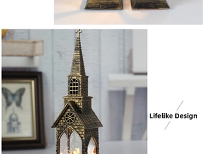 Detail of vintage bronze church lantern with LED water glitter and Christmas figurines