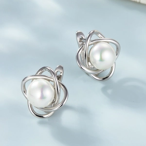 Elegant 925 sterling silver pearl hoop earrings with a geometric floral cross design