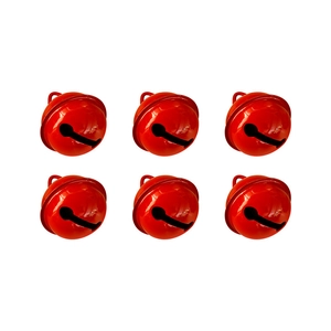 Set of six red metal Christmas bells for tree decoration and DIY crafts on white background