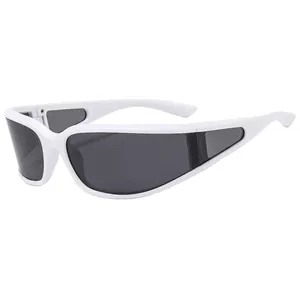 White wrap-around polarized sports sunglasses with aerodynamic frame for cycling
