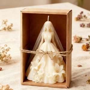 Wedding dress shaped candle mold with 3D floral lace details in a kraft gift box