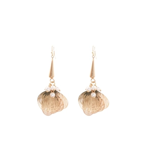 Golden hollow petal tassel earrings with pearl drops on a clean white background