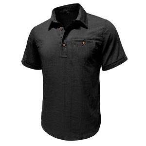 Detail of black cotton linen shirt with four-button placket and chest pocket
