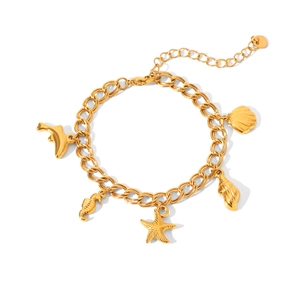 Gold stainless steel ocean bracelet with starfish, seashell, and seahorse charms