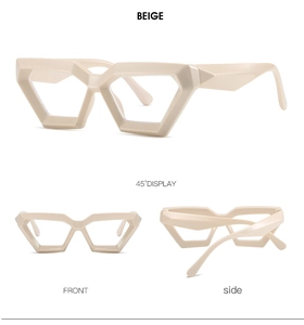 Beige geometric hexagonal eyeglass frames showing front and side views in detail