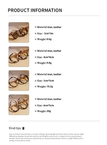 Size chart showing leopard print leather hoop earrings in various dimensions from 3cm to 6cm
