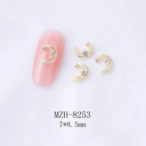 Golden moon nail art charms with white rhinestones, size 7x8.5mm, elegant manicure decor