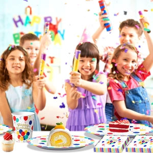 Colorful dot and balloon birthday party tableware set with Happy Birthday paper plates
