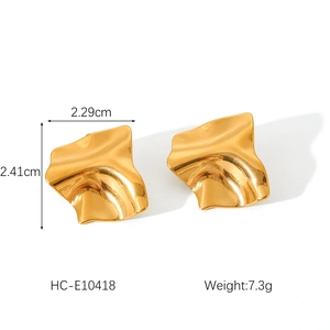 Detailed view of hammered 18K gold stainless steel earrings with size and weight specs