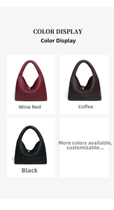 Color display of hand-woven crescent shoulder bags in wine red, coffee, and black leather