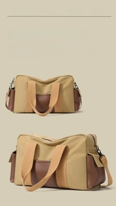 Detail view of khaki canvas travel bag with brown leather accents and multi-functional straps