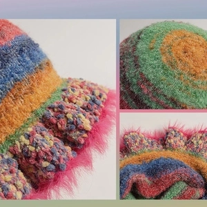 Colorful striped plush bucket hat with vintage knitted design and wavy faux fur brim