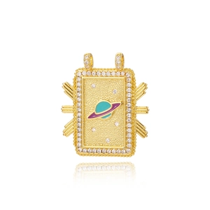 Close-up of golden rectangular tarot pendant with purple enamel planet and zircons