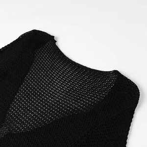 Detailed macro view of the black knit fabric texture and V-neckline of the long dress