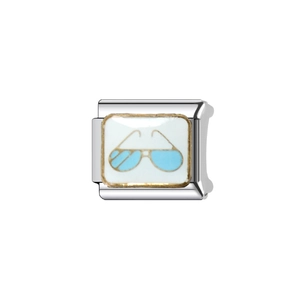 Italienisches Modul-Charm aus Edelstahl mit blauem Emaille-Sonnenbrillen-Motiv