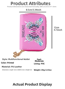 Pink PU leather wallet detail showing dimensions 12x8.5x3cm and butterfly pattern print