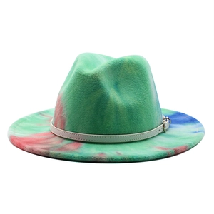 Chapeau Fedora Arc-En-Ciel Tie-Dye Bord Large Plat Feutre Coton Polyester Casquette Jazz Avec Ceinture En Cuir Blanc Unisexe