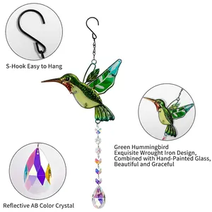 Green hummingbird suncatcher with crystal prisms for window hanging and rainbow making
