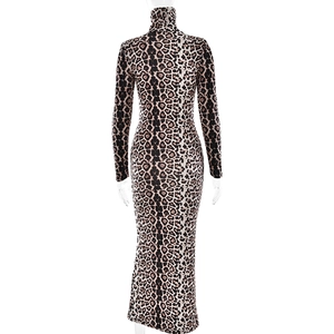 Back view of slim fit leopard print maxi dress with high neck and long sleeves