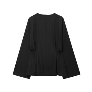 Rear view of black long-sleeve slim-fit top featuring unique pleated hem and waist design