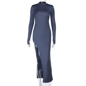 Slim fit high neck long sleeve dress with side slit in dark blue, front model view