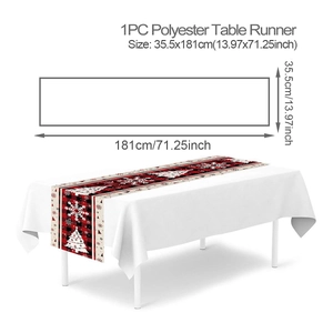 Polyester red and black plaid table runner with Christmas tree and snowflake details