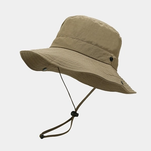Detail of outdoor sun hat featuring adjustable chin strap and quick-dry nylon fabric