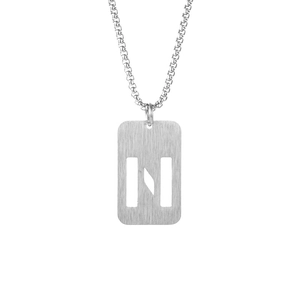 Detail of silver stainless steel rectangular dog tag pendant with cutout letter N on box chain